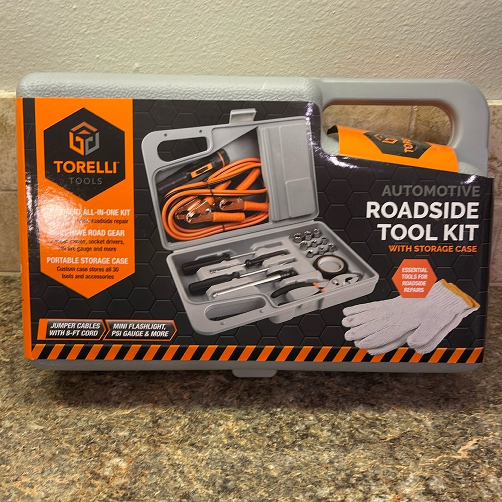 NEW auto roadside tool kit w case essential tools for repairs, jumper cables